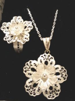 Silberset Kette mit Anhänger/ Ring Blume/ Telkari in 925´er Sterling Silber