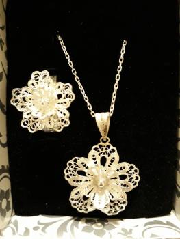 Preview: Silberset Kette mit Anhänger/ Ring Blume/ Telkari in 925´er Sterling Silber