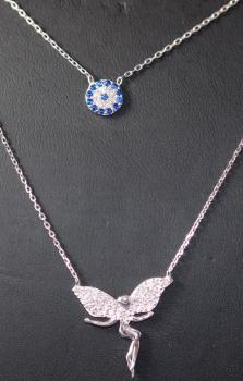 Echte 925 Silberkekette mit Anhänger 2 Reihen ENGEL + Evil Eye