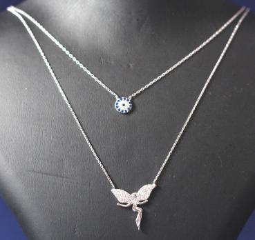 Echte 925 Silberkekette mit Anhänger 2 Reihen ENGEL + Evil Eye
