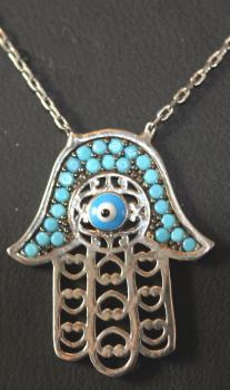 Silberkette mit Anhänger/ Hand der Fatima, Nazar, Evil Eye/  mit hellblauen Steinchen, 925´er Silber