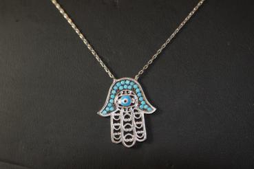 Preview: Silberkette mit Anhänger/ Hand der Fatima, Nazar, Evil Eye/  mit hellblauen Steinchen, 925´er Silber