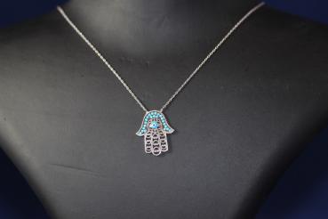Preview: Silberkette mit Anhänger/ Hand der Fatima, Nazar, Evil Eye/  mit hellblauen Steinchen, 925´er Silber