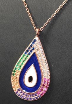 Silberkette mit Evil-Eye-Anhänger, bunte Steine, 925´er Silber