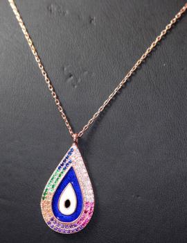 Silberkette mit Evil-Eye-Anhänger, bunte Steine, 925´er Silber