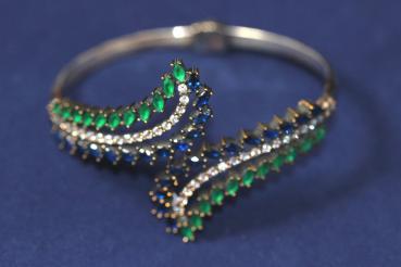 Preview: Silberarmreif 925 Silber beschmückt mit blau-grünen Steinen