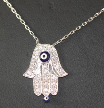 Echte 925 Silberkette mit Anhänger mit Zirkonia Hand Fatima Evil Eye Nazar