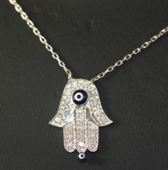 Echte 925 Silberkette mit Anhänger mit Zirkonia Hand Fatima Evil Eye Nazar