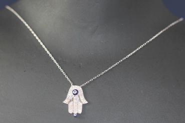 Echte 925 Silberkette mit Anhänger mit Zirkonia Hand Fatima Evil Eye Nazar
