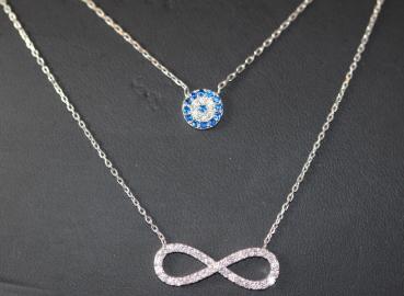 Silberkette mit Anhänger/ Infinity, Evil Eye, Nazar, 2-reihig, 925´er Silber