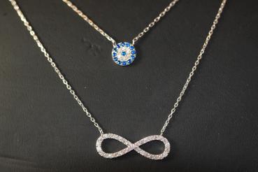 Preview: Silberkette mit Anhänger/ Infinity, Evil Eye, Nazar, 2-reihig, 925´er Silber