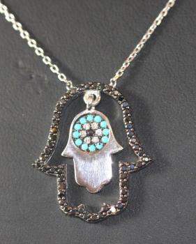 Silberkette Hand Fatima mit Anhänger/ Evil Eye, Nazar/ mit blauen und schwarzem Zirkonia