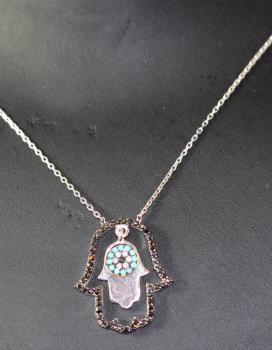 Preview: Silberkette Hand Fatima mit Anhänger/ Evil Eye, Nazar/ mit blauen und schwarzem Zirkonia